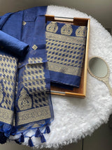 Silken Fold Navy Muga Silk Unstitched Suit Set