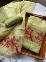 Load image into Gallery viewer, Weave &amp; Wear Green Paithani Muga Cotton Unstitched Suit Set
