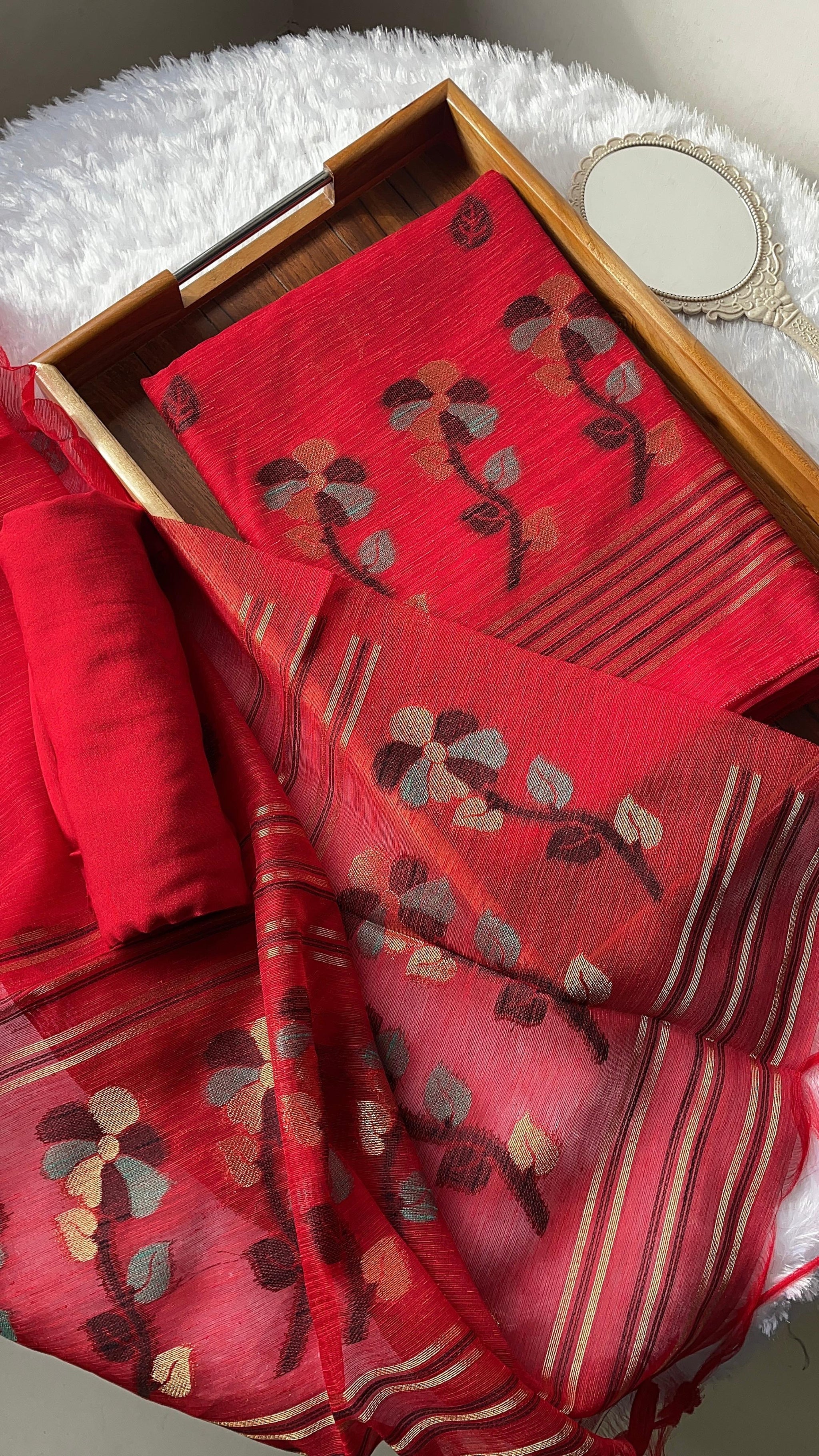 Ethereal Threads Red Jamdani Muga Silk Unstitched Suit Set