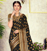 GJ Black Diamond Carbon Black Zari Woven Design Cotton Blend Saree