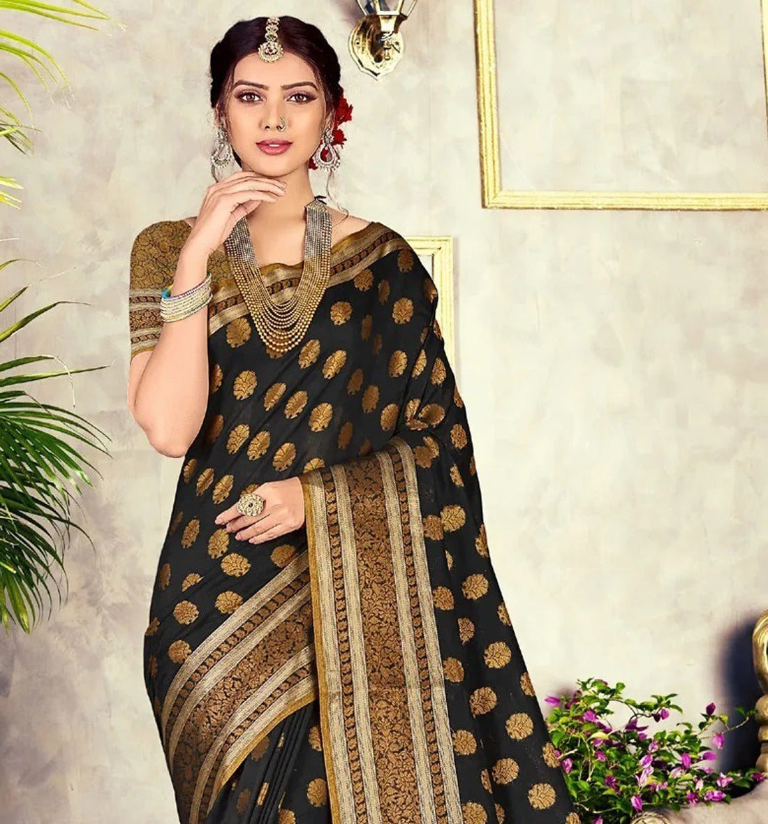 GJ Black Diamond Carbon Black Zari Woven Design Cotton Blend Saree