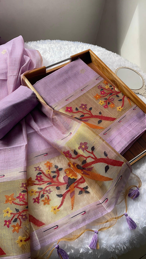 Weave & Wear Lavender Paithani Muga Cotton Unstitched Suit Set
