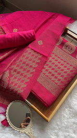 Silken Fold Pink Muga Silk Unstitched Suit Set