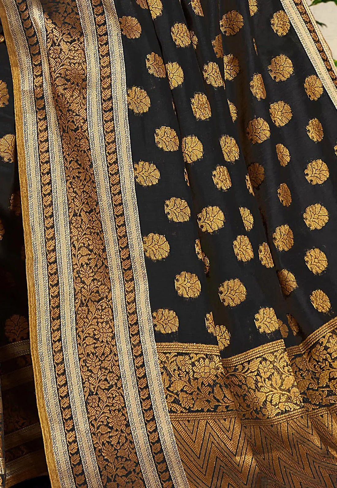 GJ Black Diamond Carbon Black Zari Woven Design Cotton Blend Saree