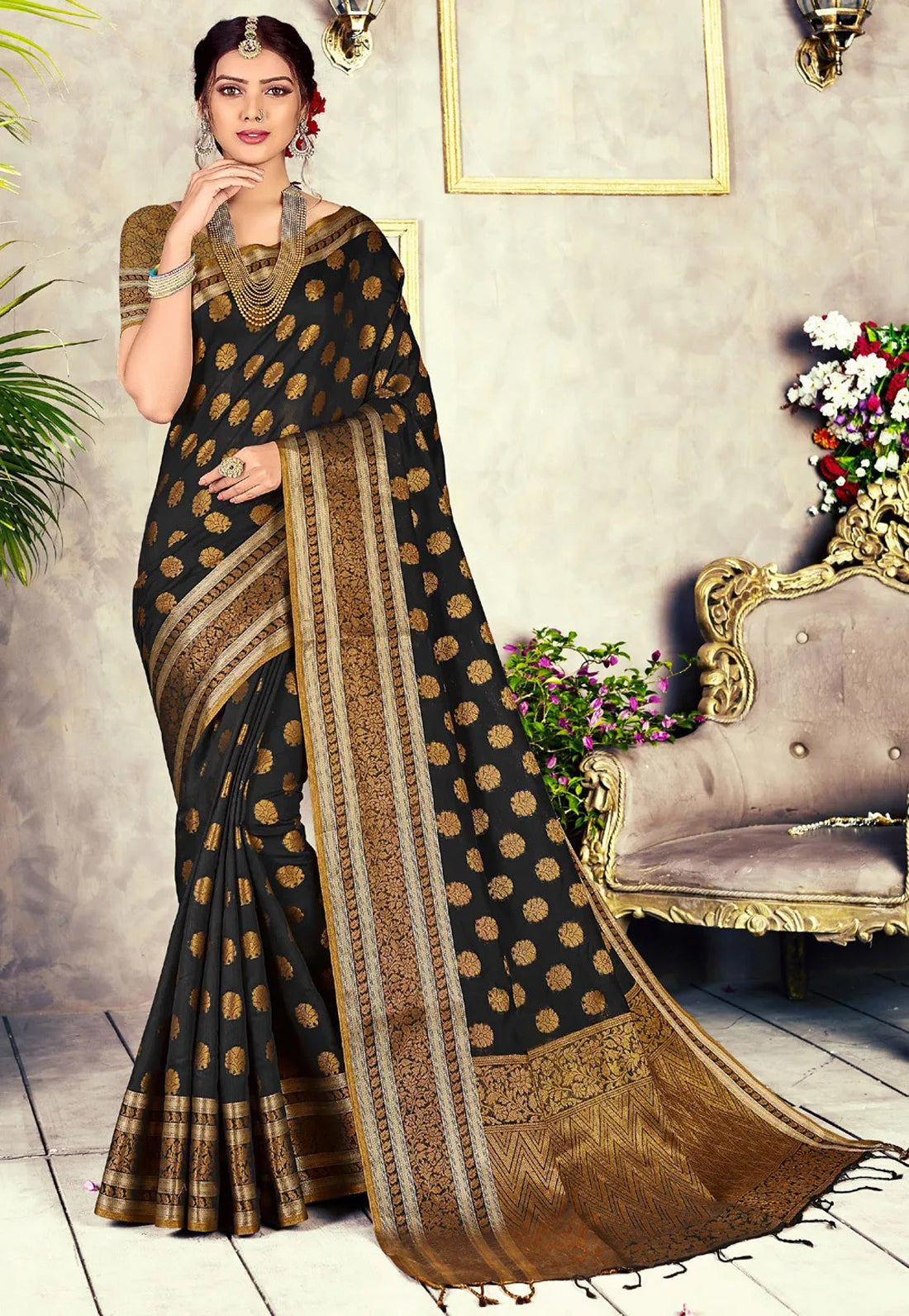 GJ Black Diamond Carbon Black Zari Woven Design Cotton Blend Saree