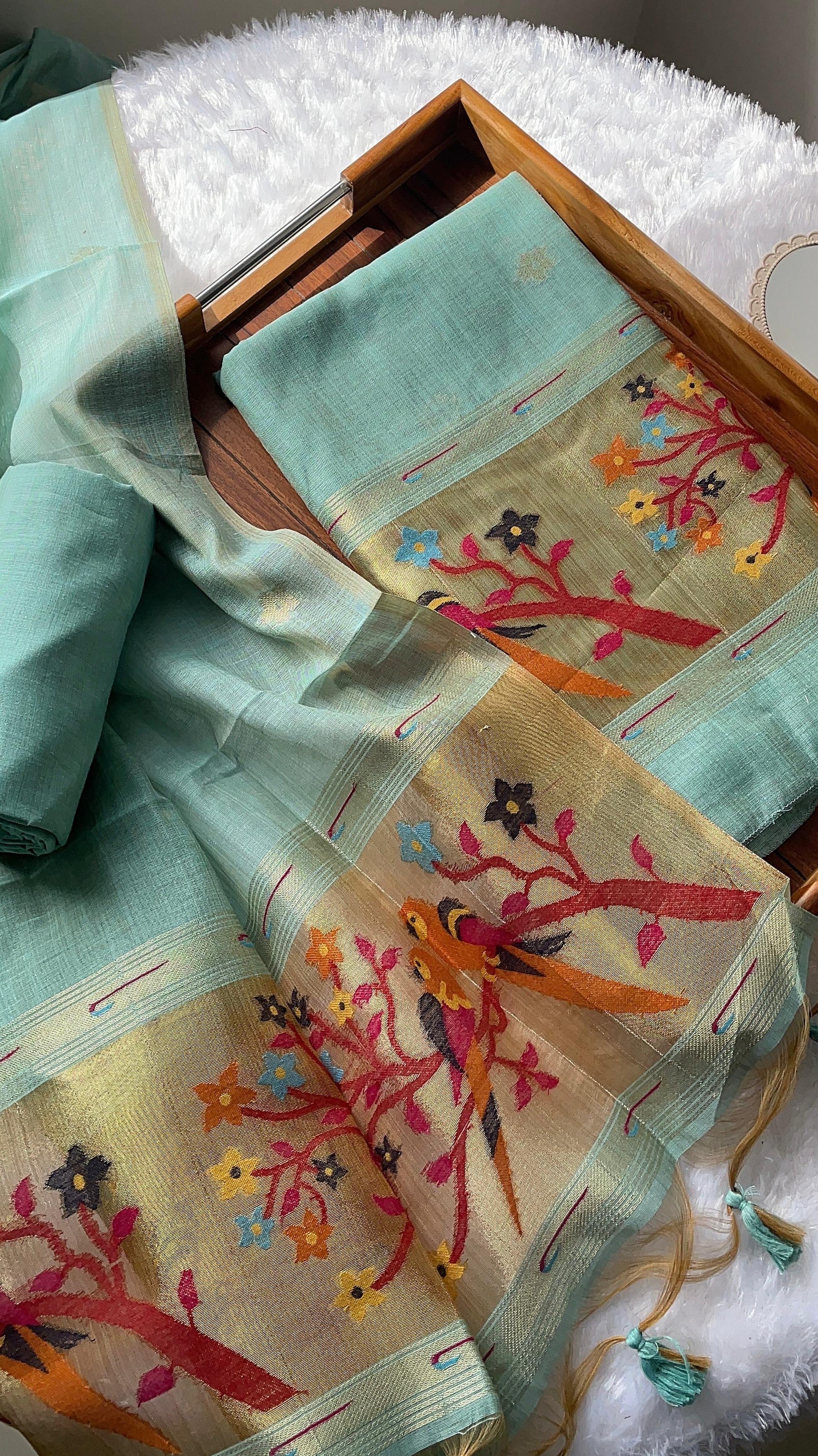 Weave & Wear Sky Blue Paithani Muga Cotton Unstitched Suit Set