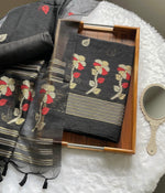 Load image into Gallery viewer, Ethereal Threads Black Jamdani Muga Silk Unstitched Suit Set
