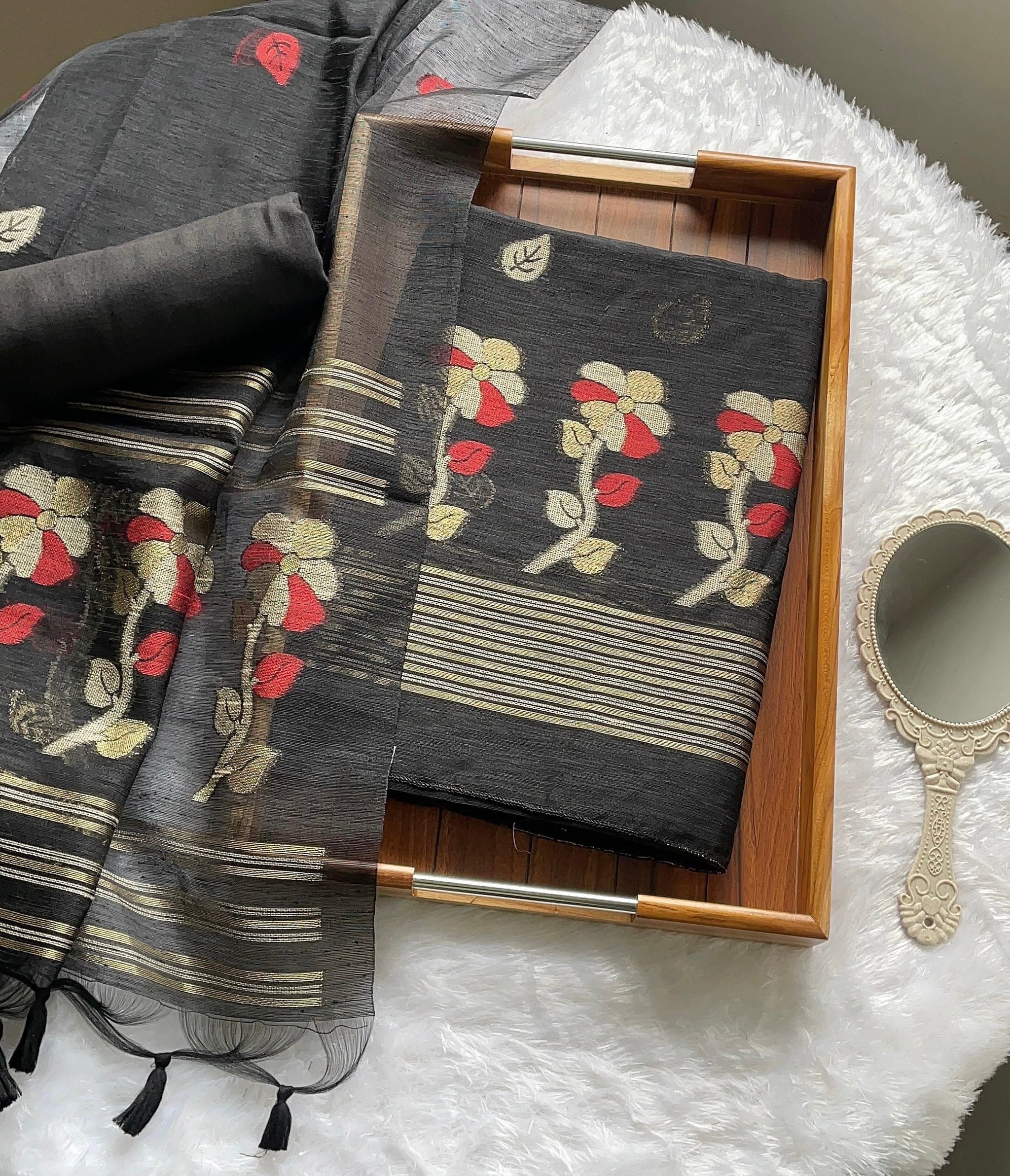 Ethereal Threads Black Jamdani Muga Silk Unstitched Suit Set