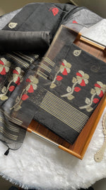 Load image into Gallery viewer, Ethereal Threads Black Jamdani Muga Silk Unstitched Suit Set
