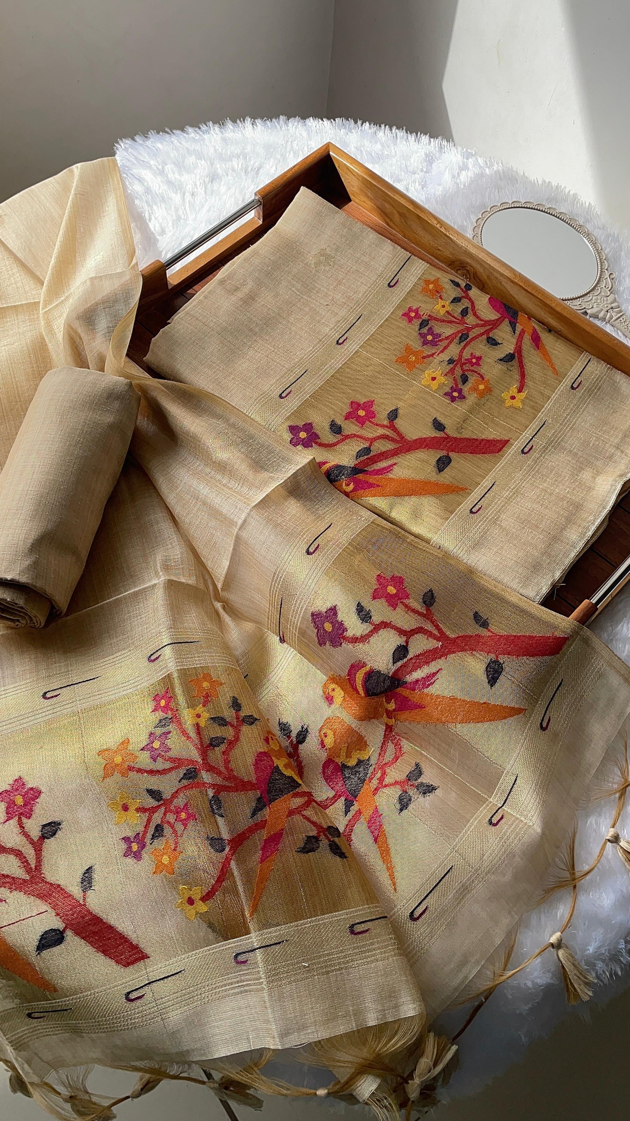 Weave & Wear Beige Paithani Muga Cotton Unstitched Suit Set