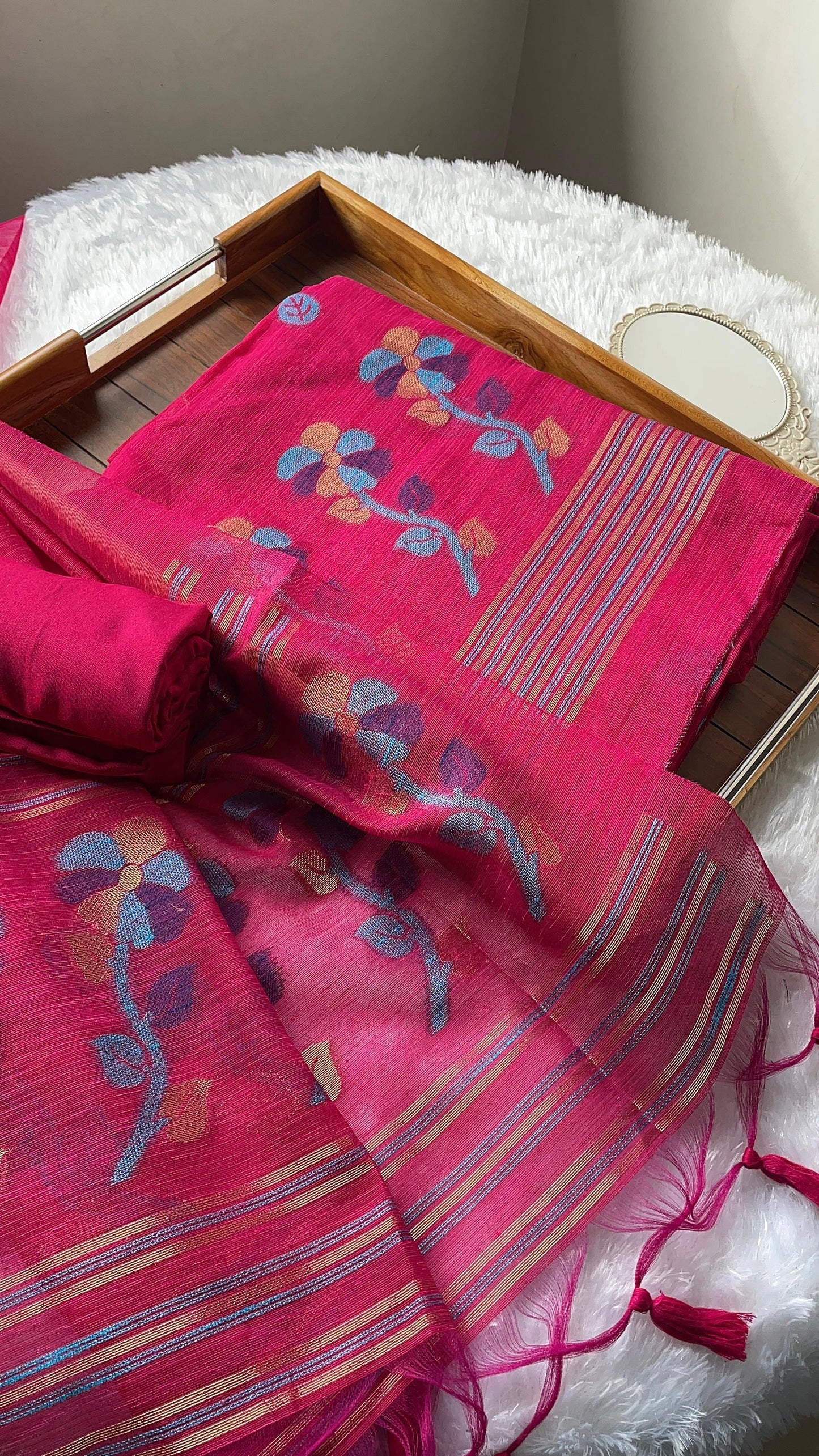 Ethereal Threads Hot Pink Jamdani Muga Silk Unstitched Suit Set