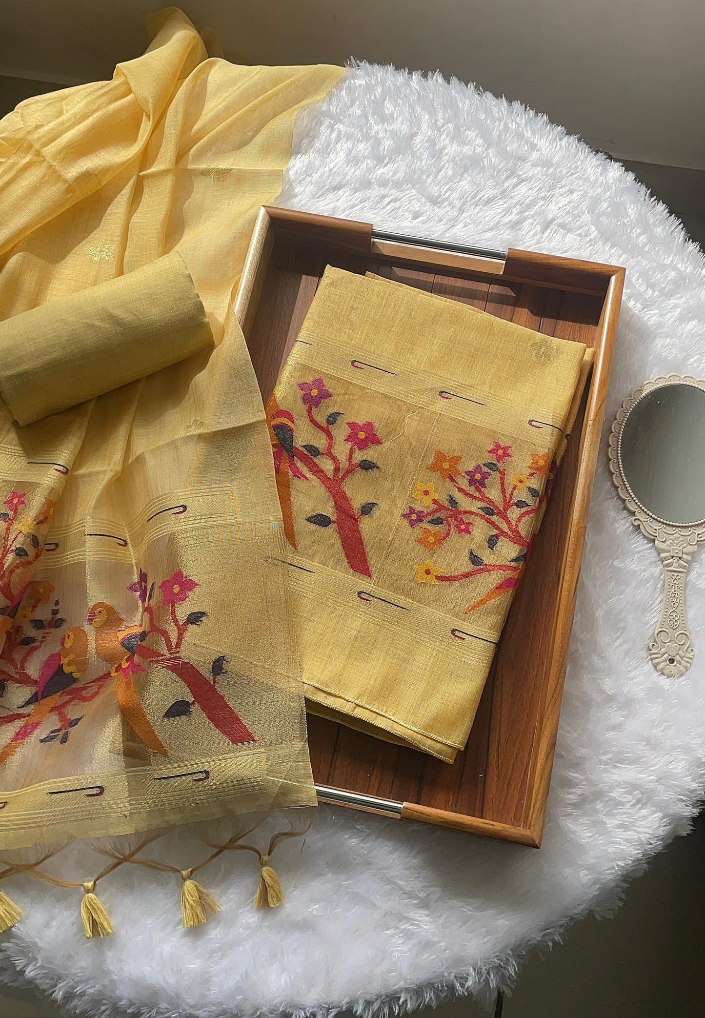 Weave & Wear Yellow Paithani Muga Cotton Unstitched Suit Set