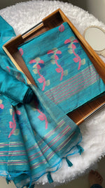 Load image into Gallery viewer, Ethereal Threads Teal Blue Jamdani Muga Silk Unstitched Suit Set
