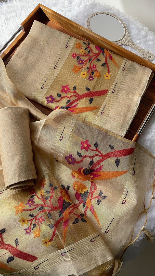 Weave & Wear Beige Paithani Muga Cotton Unstitched Suit Set