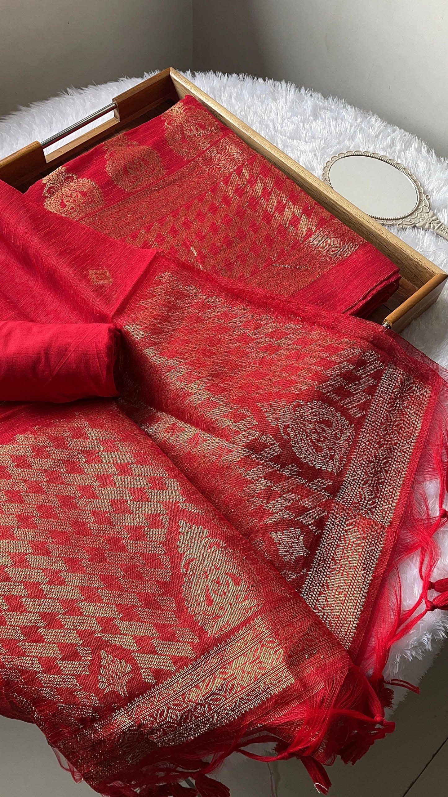 Silken Fold Red Muga Silk Unstitched Suit Set