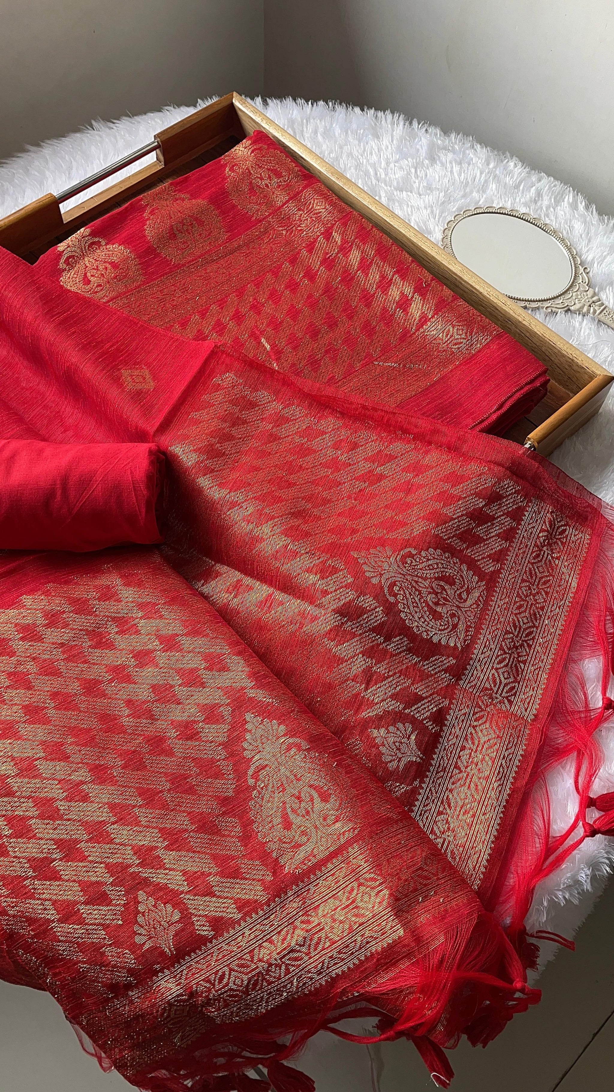 Silken Fold Red Muga Silk Unstitched Suit Set