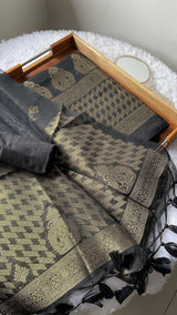 Silken Fold Black Muga Silk Unstitched Suit Set