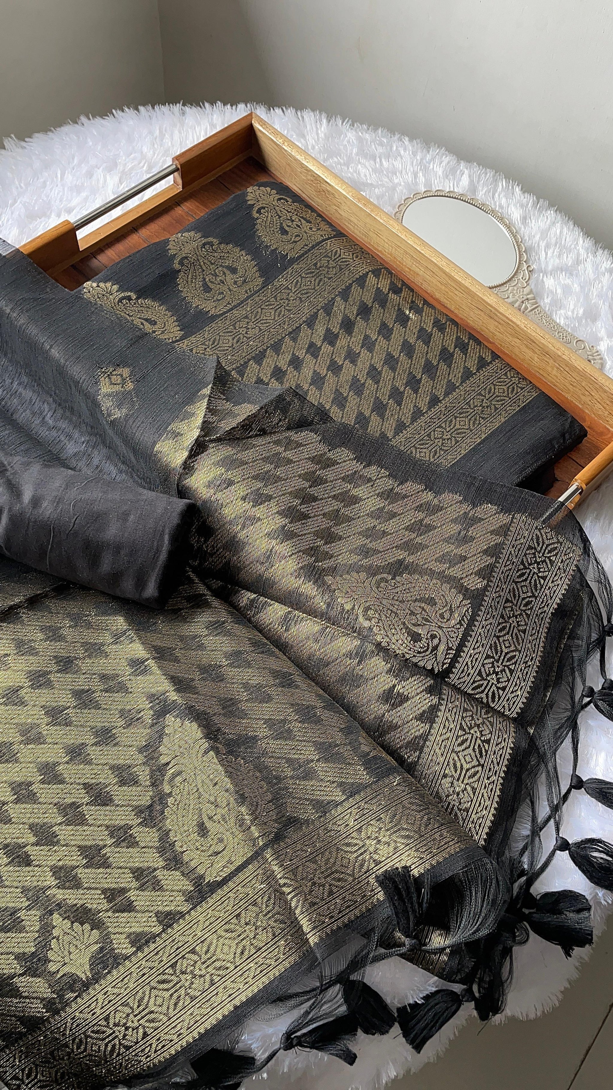 Silken Fold Black Muga Silk Unstitched Suit Set