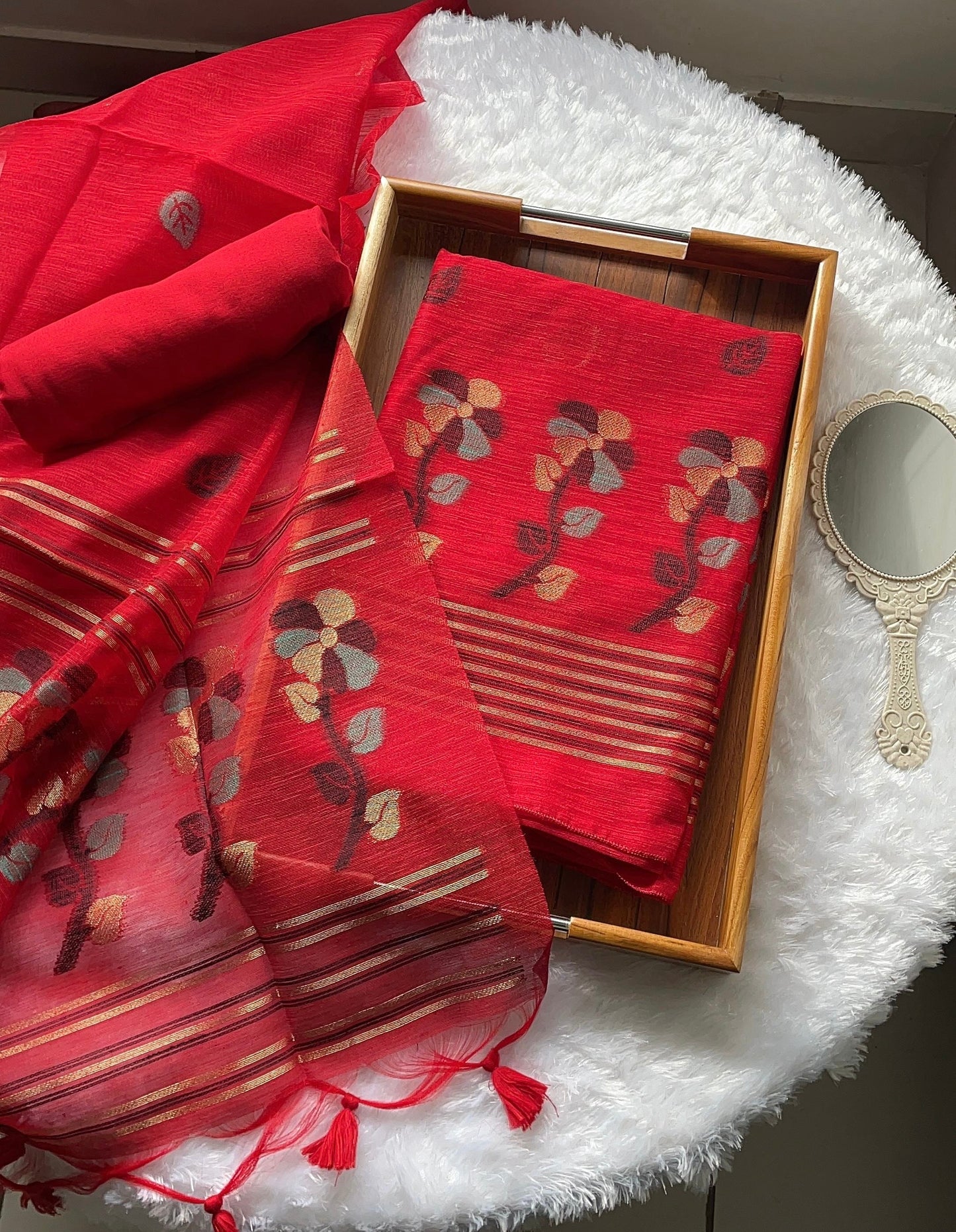 Ethereal Threads Red Jamdani Muga Silk Unstitched Suit Set
