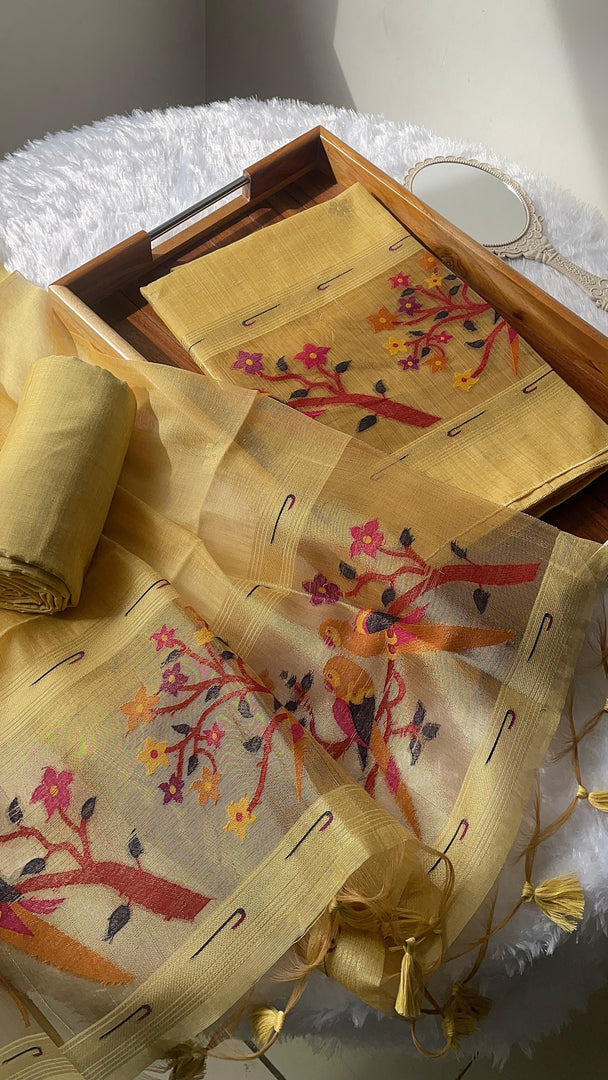 Weave & Wear Yellow Paithani Muga Cotton Unstitched Suit Set