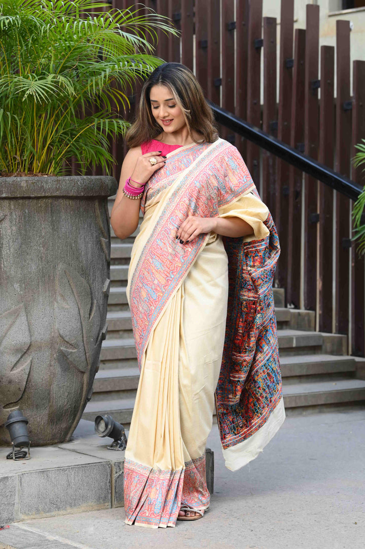 Aardhya Cream Jamewar Kashmiri Soft Modal Silk Saree