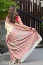 Load image into Gallery viewer, Aardhya Cream Jamewar Kashmiri Soft Modal Silk Saree
