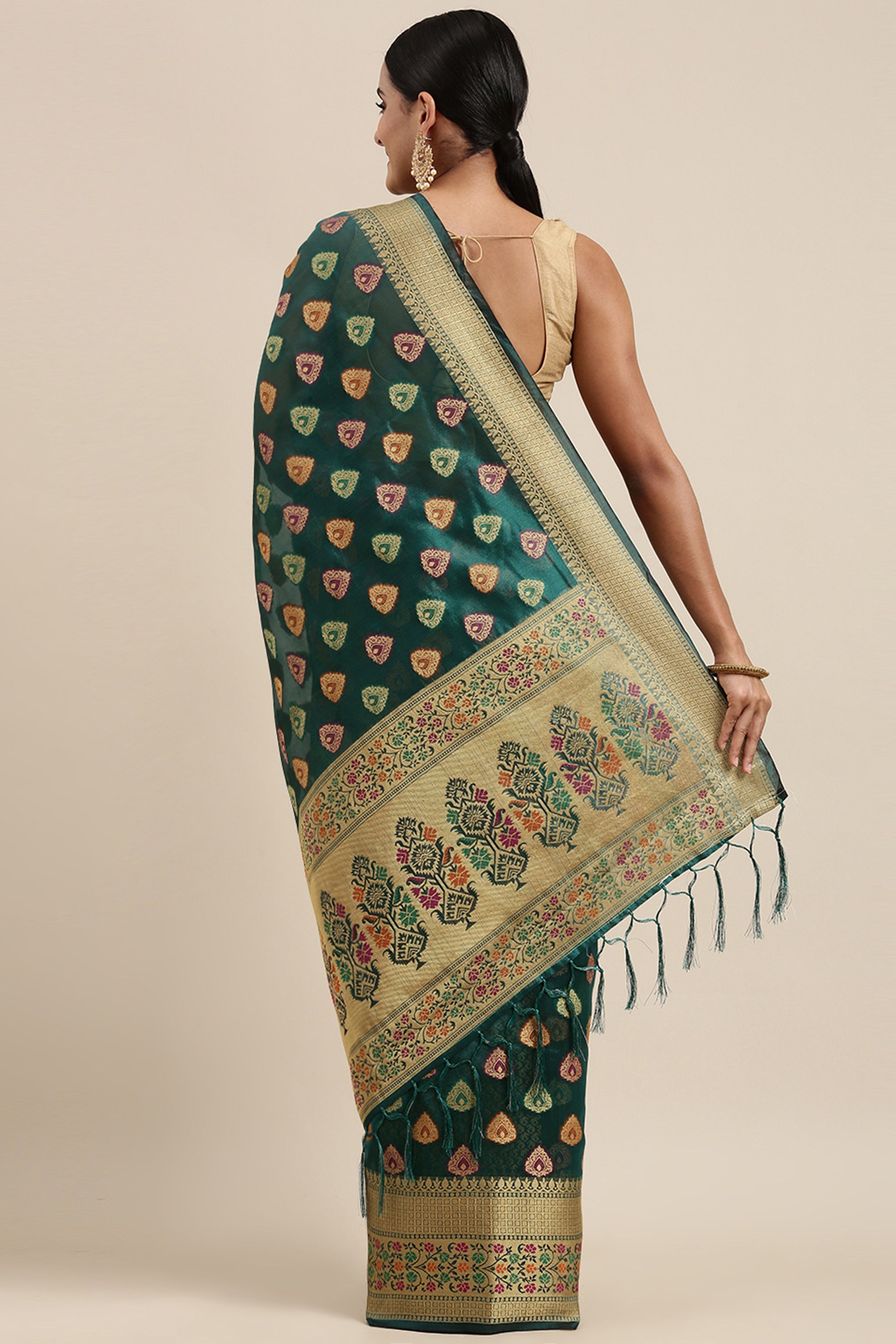 Aarvi Bondi Blue Zari Woven Design Banarasi Organza Saree