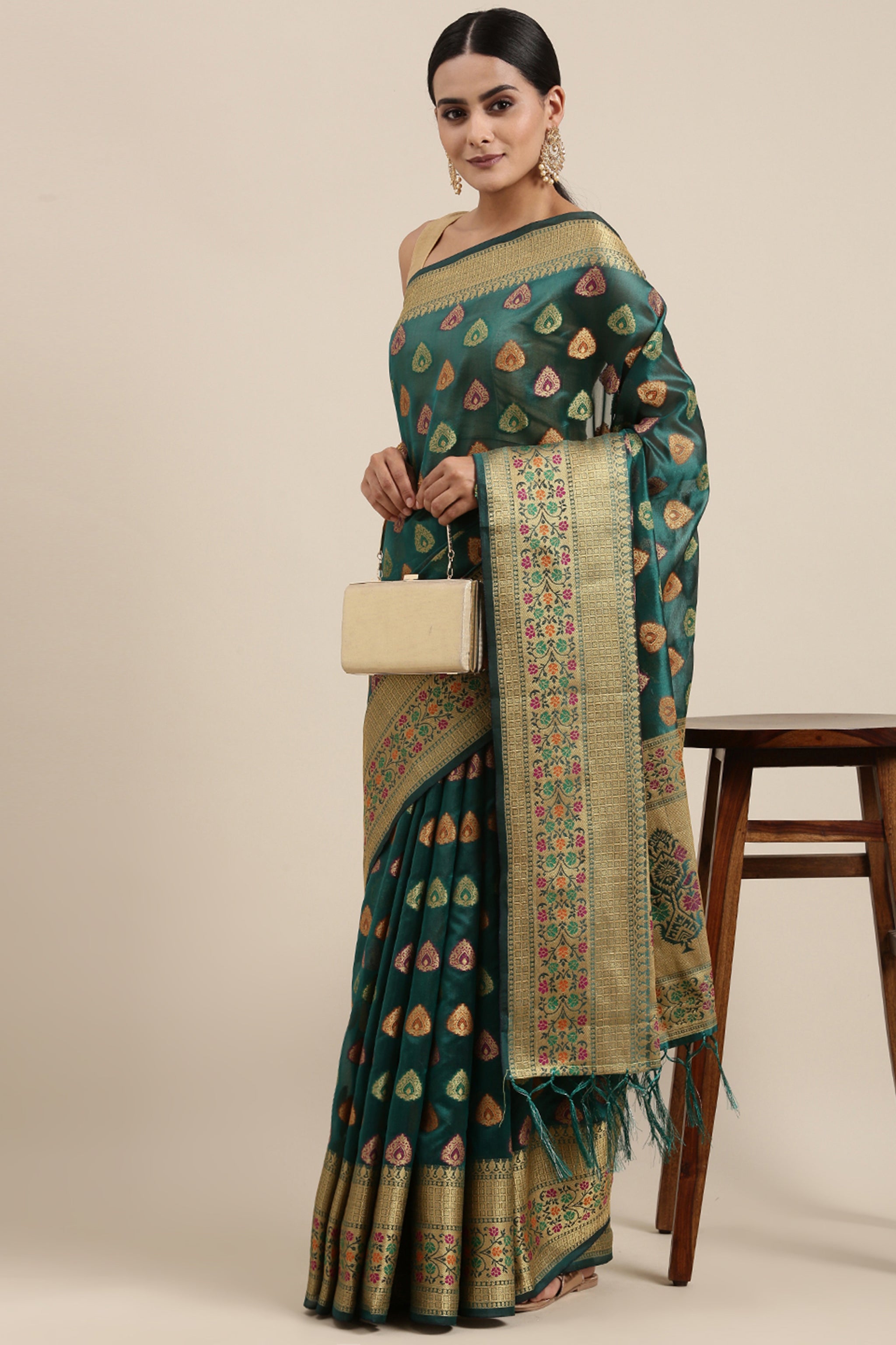 Aarvi Bondi Blue Zari Woven Design Banarasi Organza Saree