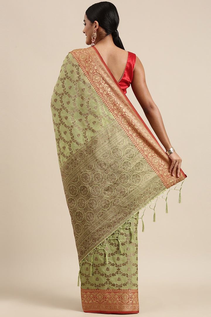 Aarya Pear Green Zari Woven Design Banarasi Pure Cotton Saree