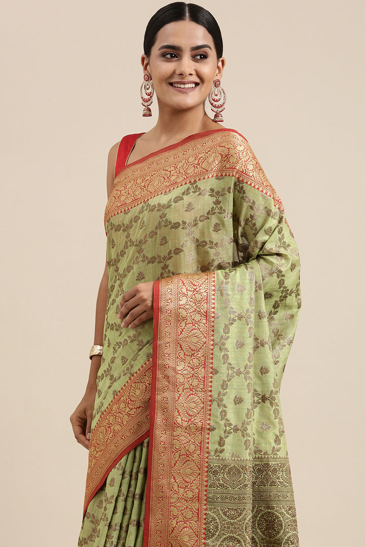 Aarya Pear Green Zari Woven Design Banarasi Pure Cotton Saree