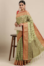 Load image into Gallery viewer, Aarya Pear Green Zari Woven Design Banarasi Pure Cotton Saree
