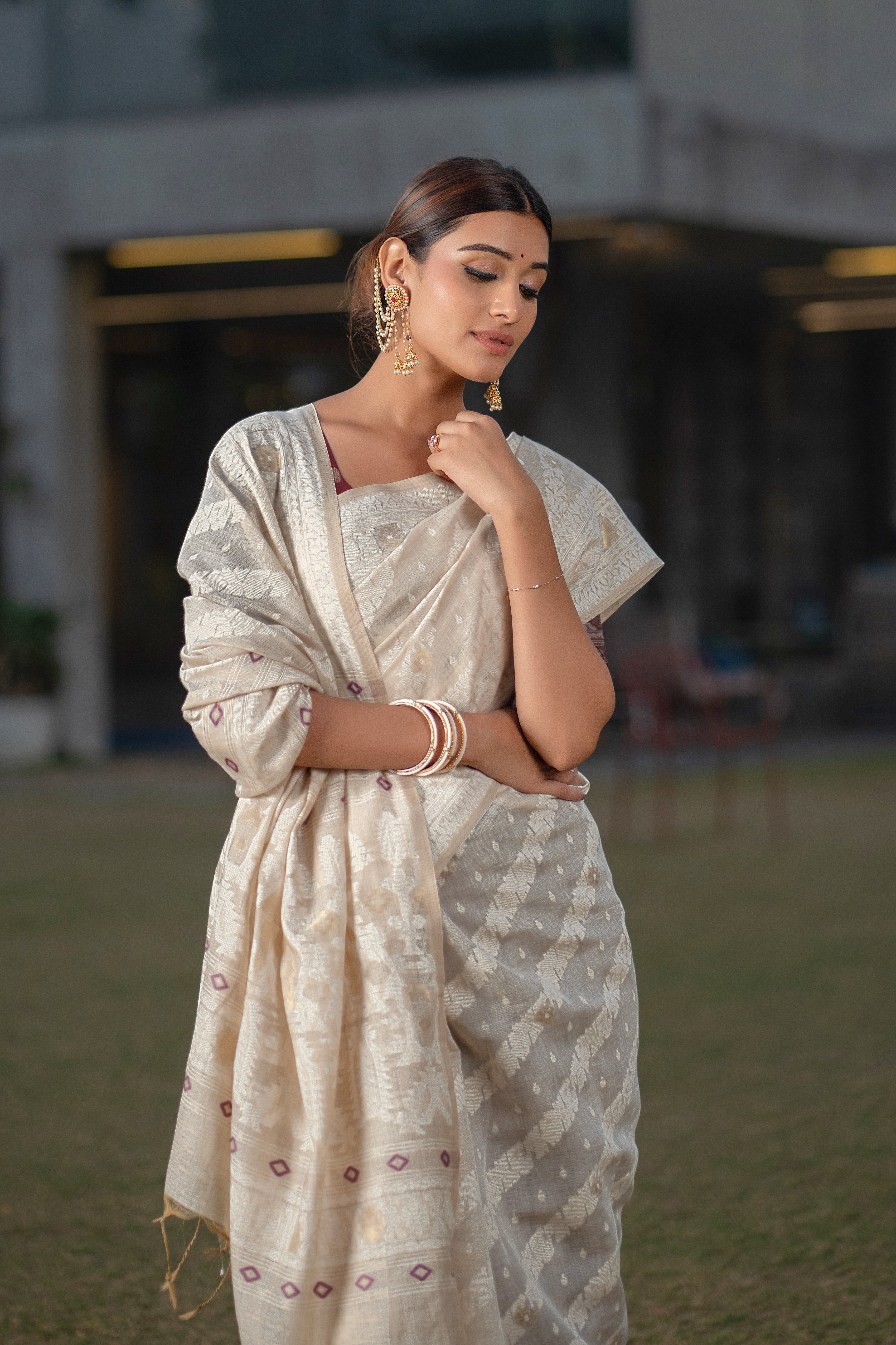 White Cotton Alpona Jamdani Saree for Women