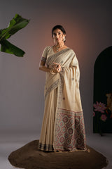 Ajrakh Beige Muga Cotton Woven Saree With Unstitched Blouse Piece