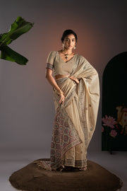 Ajrakh Beige Muga Cotton Woven Saree With Unstitched Blouse Piece