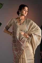 Ajrakh Beige Muga Cotton Woven Saree With Unstitched Blouse Piece
