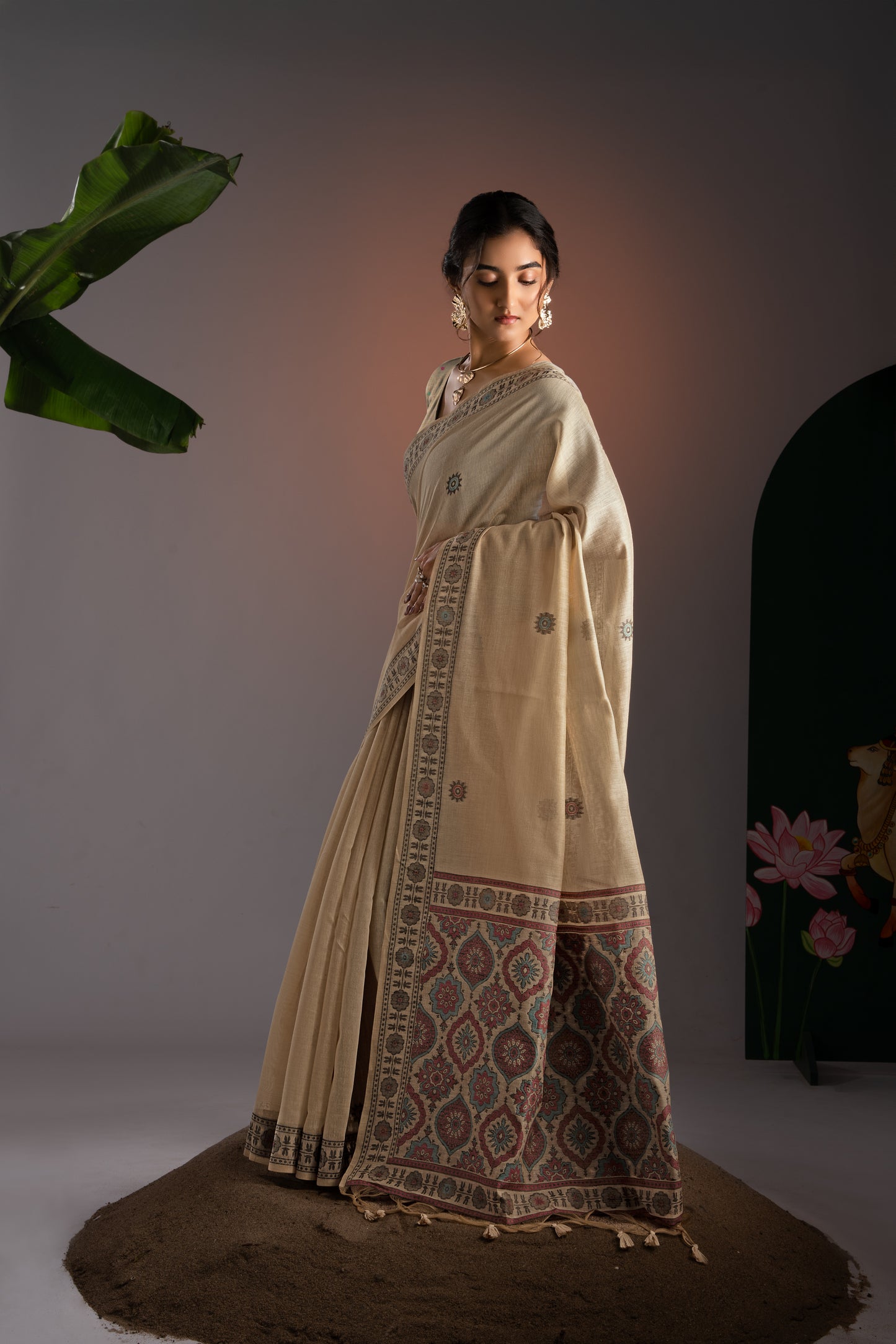 Ajrakh Beige Muga Cotton Woven Saree With Unstitched Blouse Piece