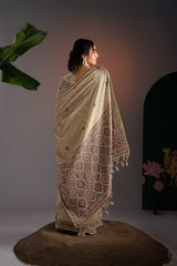 Ajrakh Beige Muga Cotton Woven Saree With Unstitched Blouse Piece