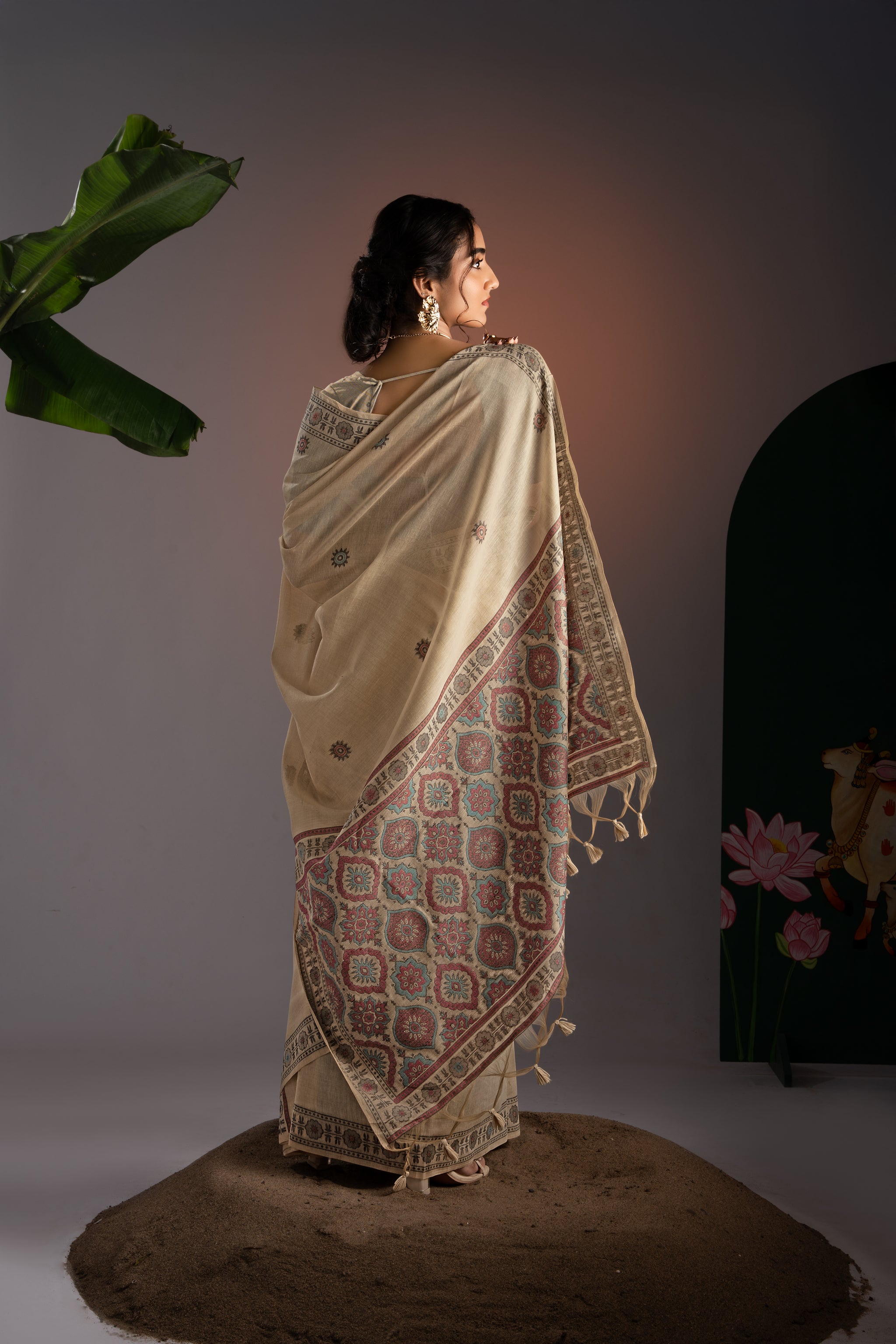 Ajrakh Beige Muga Cotton Woven Saree With Unstitched Blouse Piece