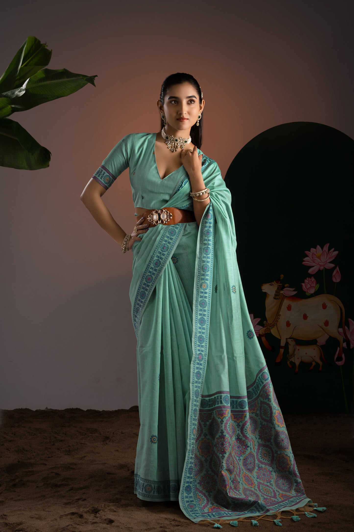 Ajrakh Blue Muga Cotton Woven Saree With Unstitched Blouse Piece