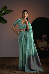 Ajrakh Blue Muga Cotton Woven Saree With Unstitched Blouse Piece