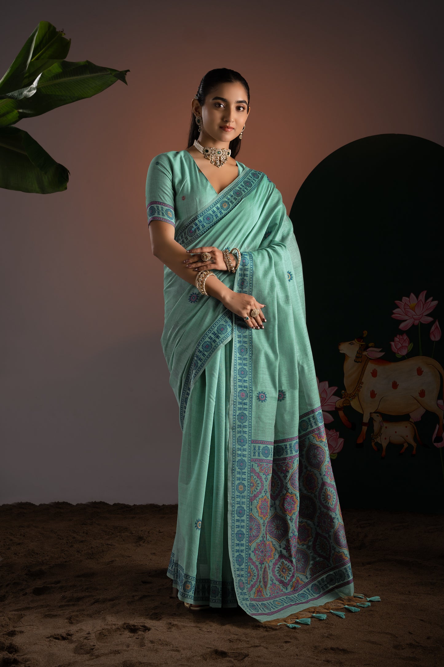Ajrakh Blue Muga Cotton Woven Saree With Unstitched Blouse Piece