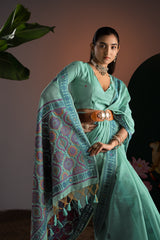 Ajrakh Blue Muga Cotton Woven Saree With Unstitched Blouse Piece