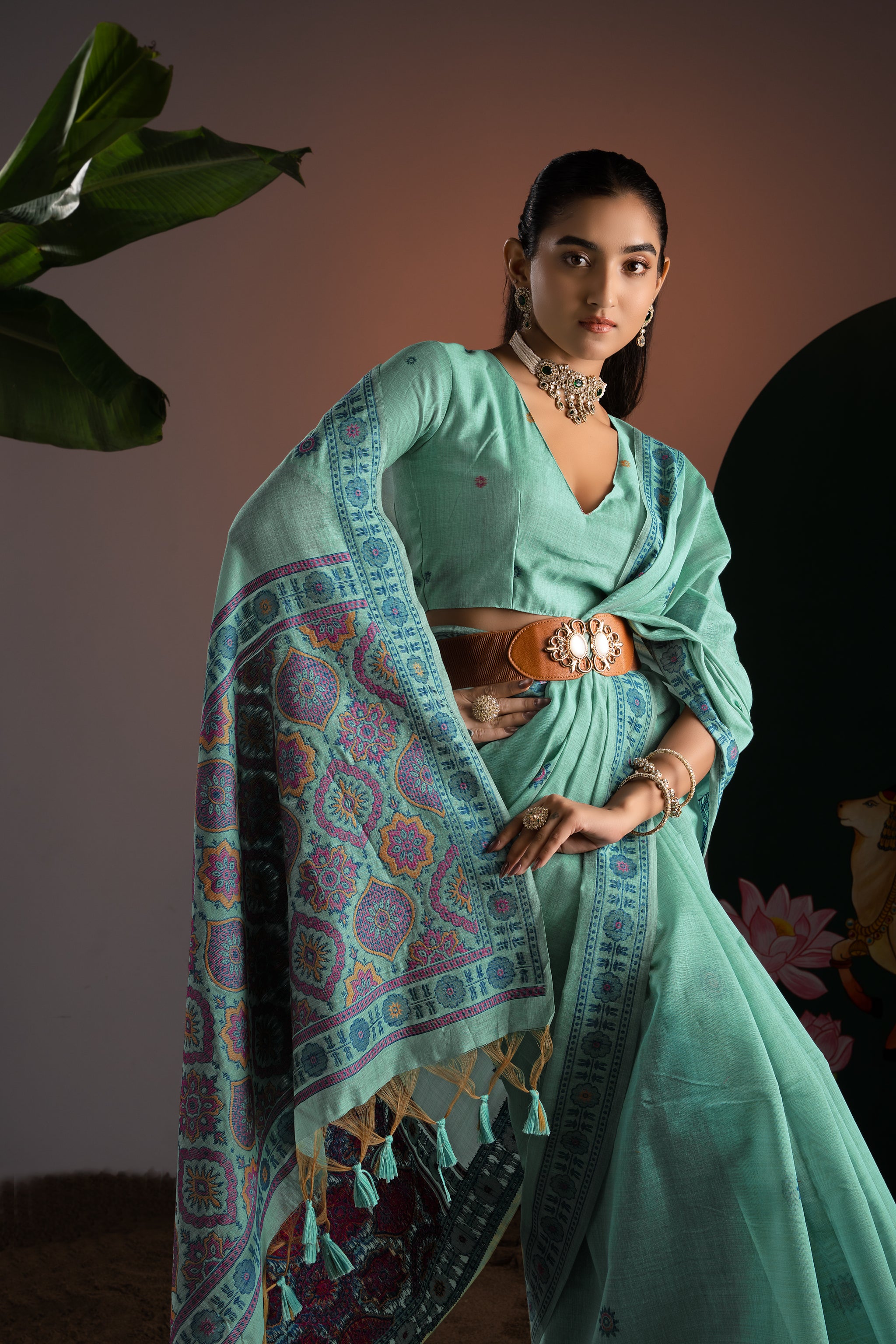 Ajrakh Blue Muga Cotton Woven Saree With Unstitched Blouse Piece