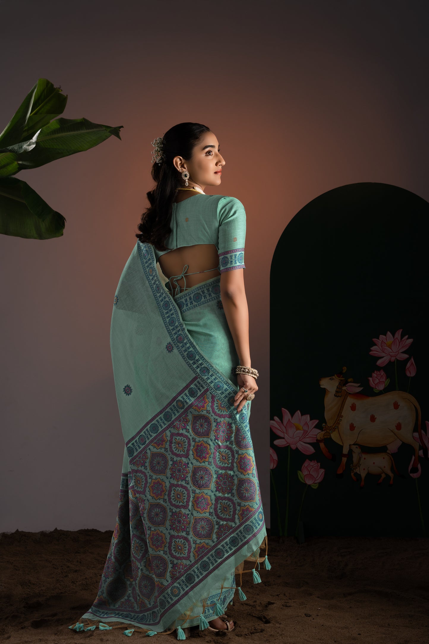 Ajrakh Blue Muga Cotton Woven Saree With Unstitched Blouse Piece