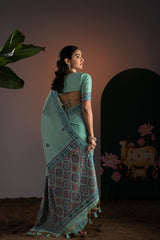Ajrakh Blue Muga Cotton Woven Saree With Unstitched Blouse Piece