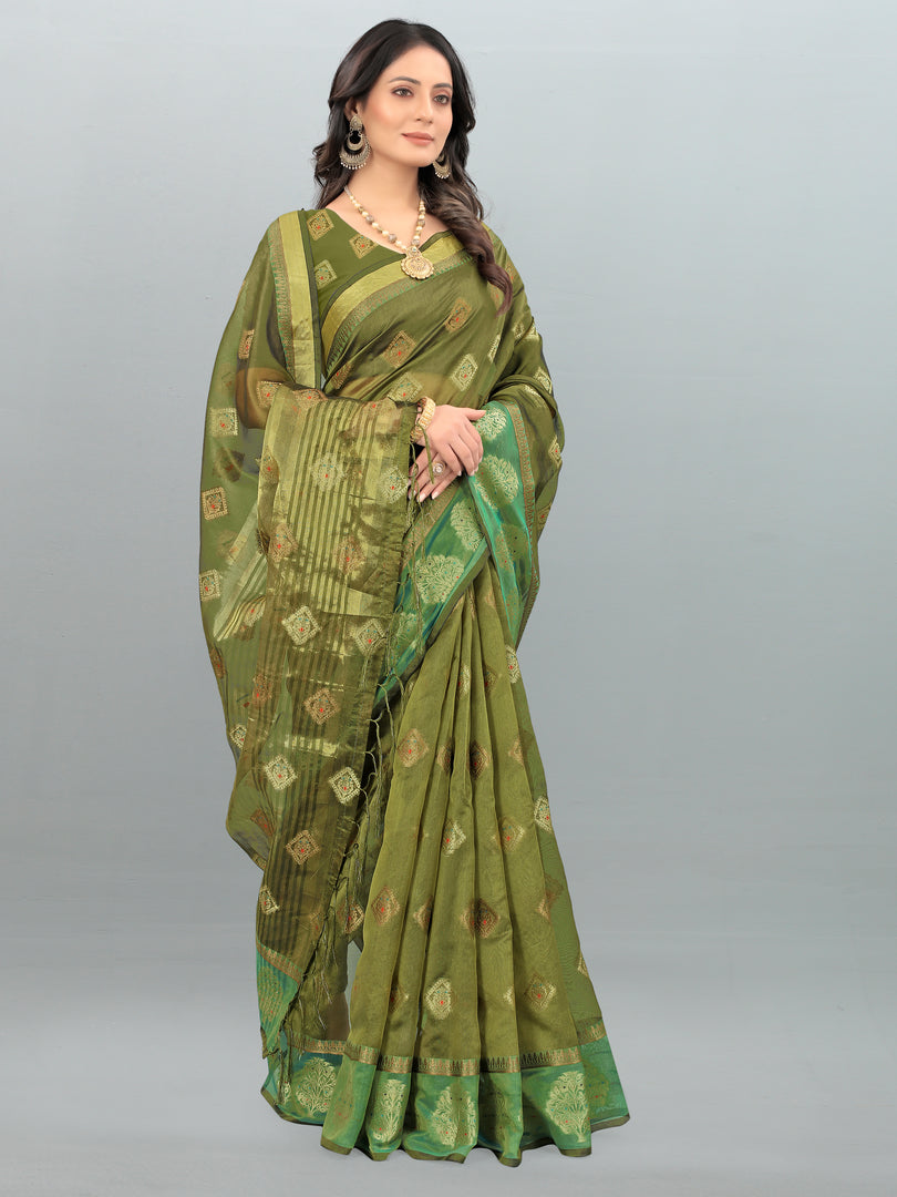 Aksaya Pickle Green Organza Saree