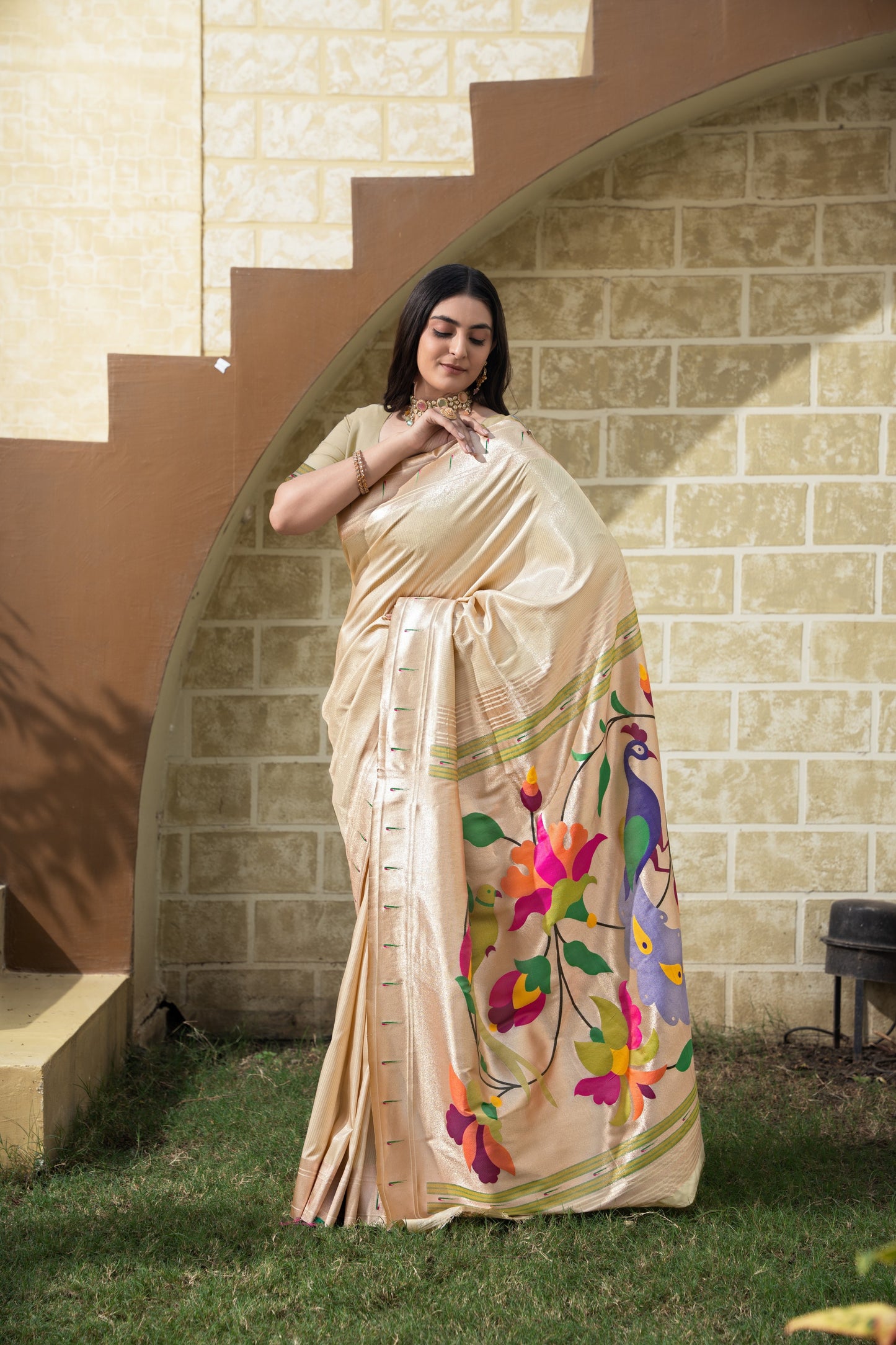 Antara Cream Paithani Soft Blended Silk Saree