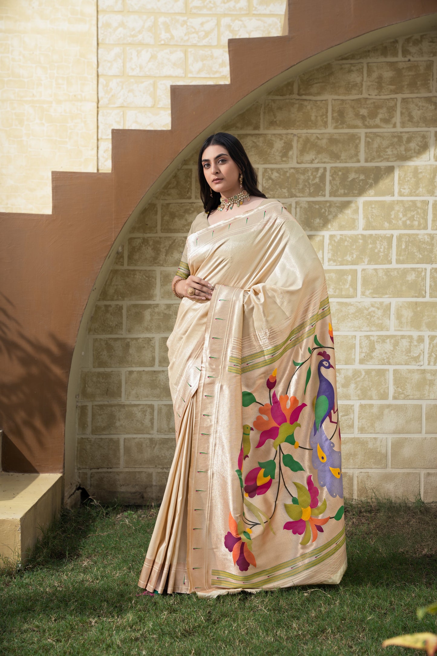 Antara Cream Paithani Soft Blended Silk Saree