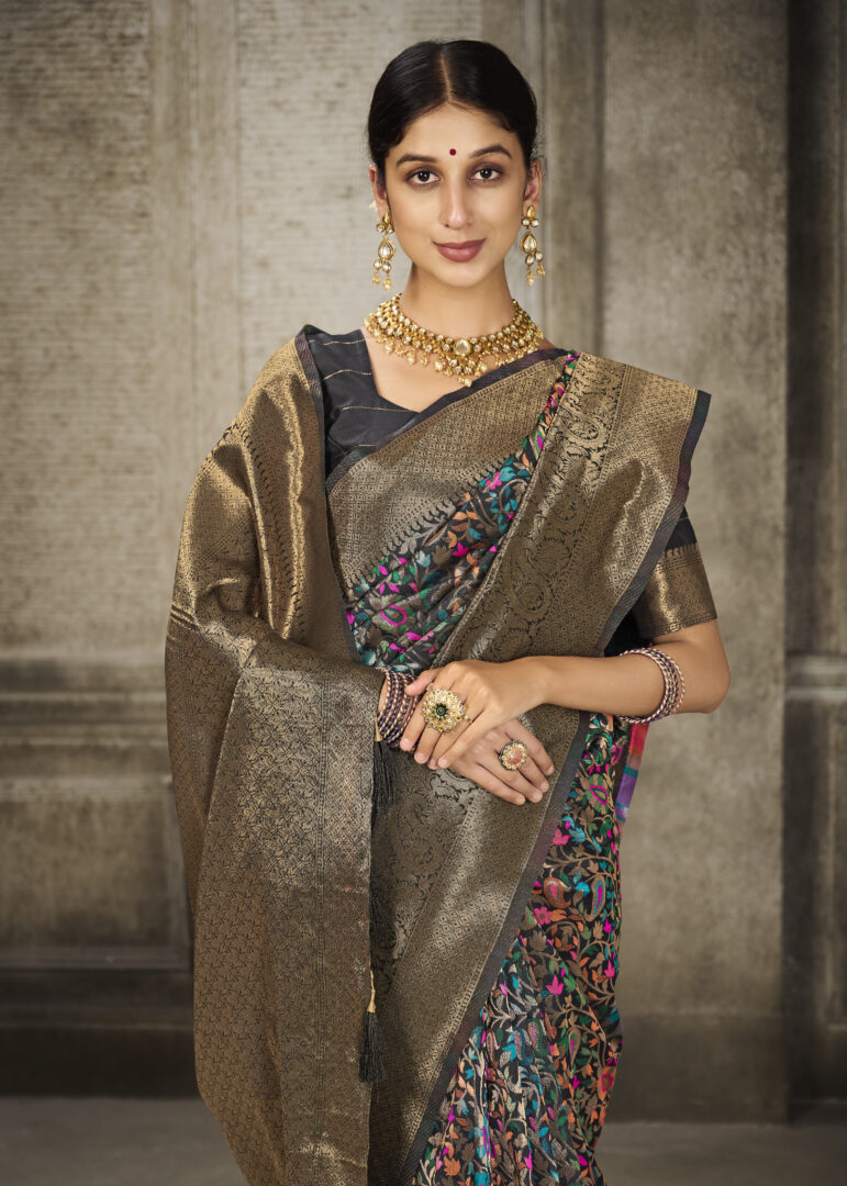 Aroma Ebony Black Woven Banarasi Art Silk Saree