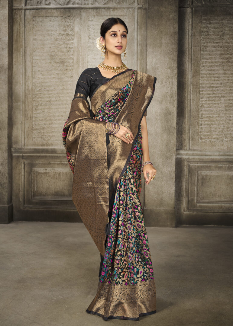 Aroma Ebony Black Woven Banarasi Art Silk Saree